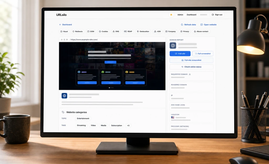 URLsilo URL detail page shown on a desktop monitor with website preview, domain report, categories, DOM, cookies, redirects, and network signal panels